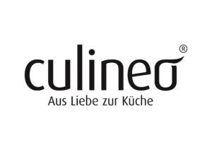Logo mit dem Text culineo in fetter schwarzer Schrift, mit einem stilisierten o mit geschwungenem Akzent. Darunter steht in kleinerer Schrift "Aus Liebe zur Küche" auf weißem Hintergrund.